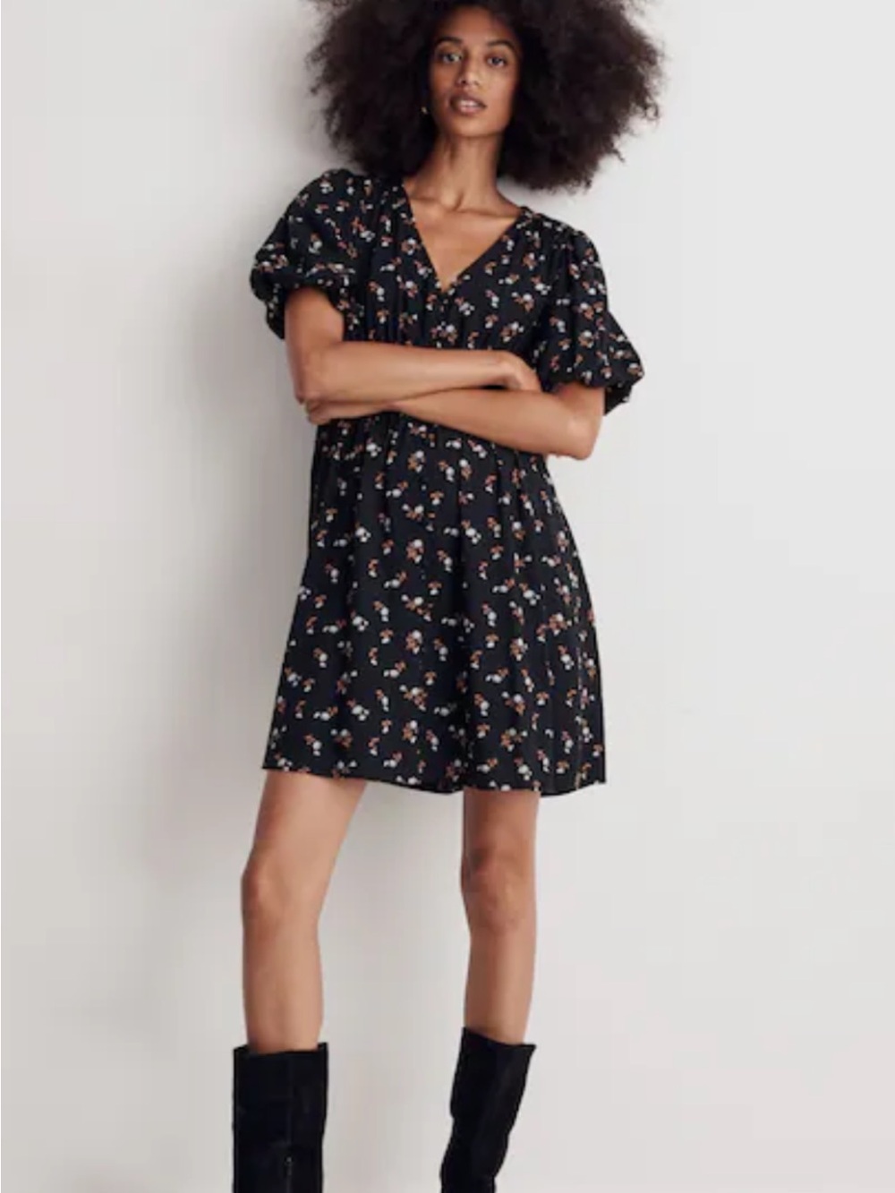 Madewell Floral Smocked Waist V-Neck Dress in Black XS like new